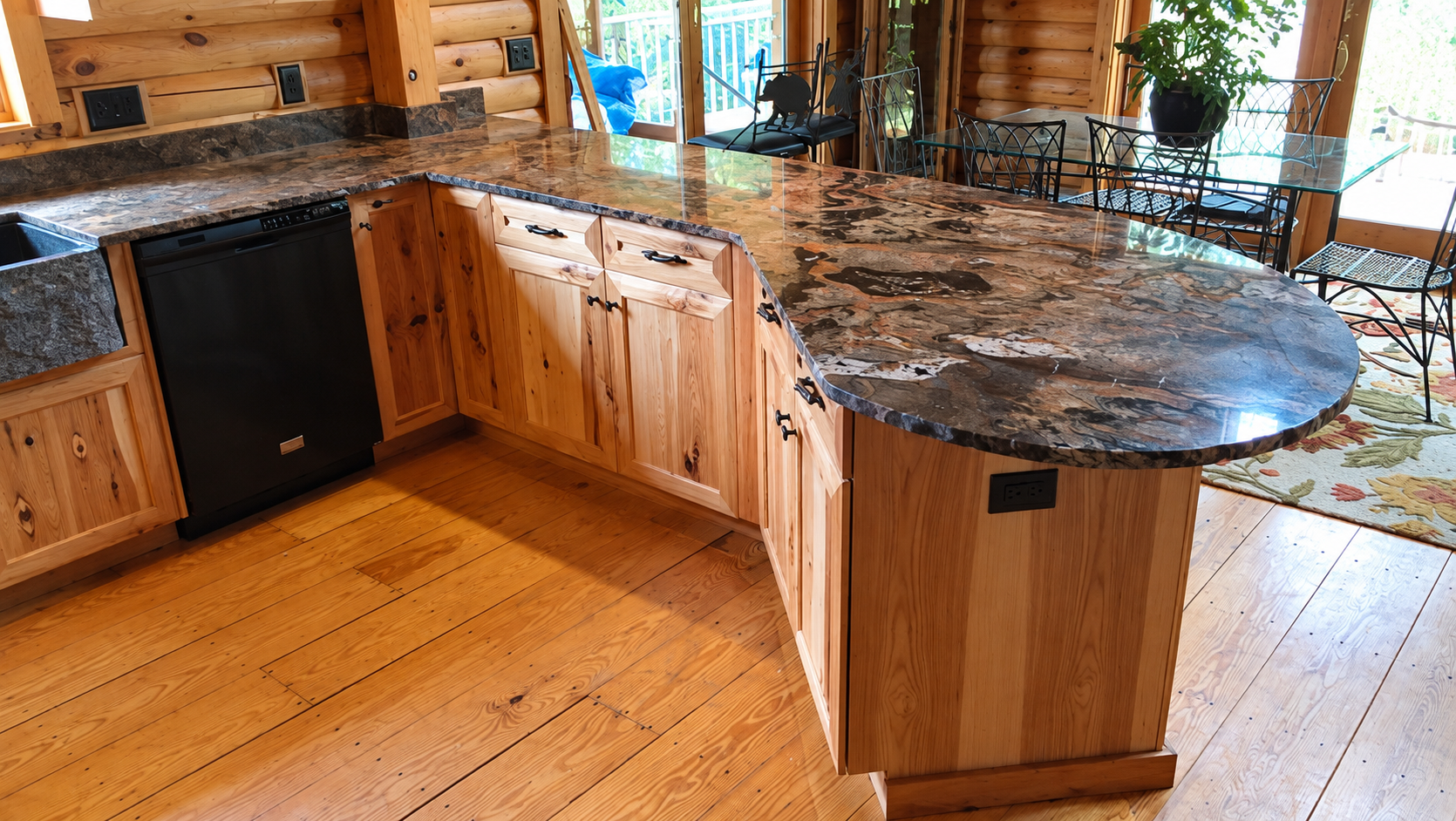 Rustic hickory cabinets, granite sink, Brazilian fusion chiseled edge countertop